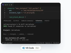 VS Code terminal running a LevelFour Terraform cost diff for an AWS instance.