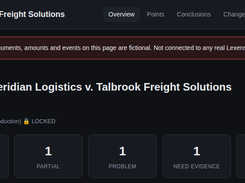 Dark-themed Lexensus case overview page for a synthetic demo case, “Meridian Logistics v. Talbrook Freight Solutions,” with navigation tabs, a synthetic-case warning, and summary cards for points and case statuses.