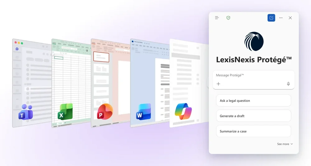LexisNexis Protégé assistant panel with legal questions, drafting, and case-summary prompts alongside Microsoft app windows.