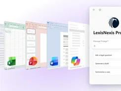 LexisNexis Protégé assistant panel with legal questions, drafting, and case-summary prompts alongside Microsoft app windows.