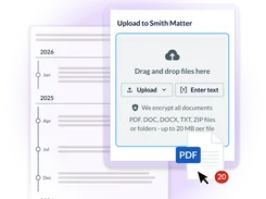 Matter document upload panel with encryption notice and file-type support.