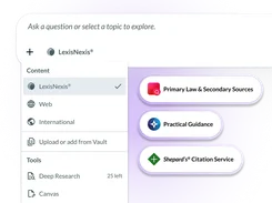 LexisNexis content selector with legal research sources and tools.