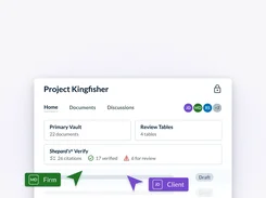 Project Kingfisher workspace with citation-review status and firm-client collaboration controls.