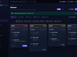 Restaurant kitchen display with station-aware tickets, order timing, and fulfillment status