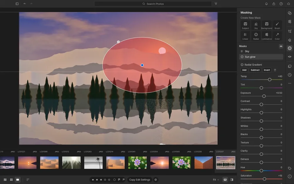 Photo-editing workspace with a stylized landscape illustration and an elliptical sun-glow mask selected.