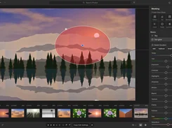 Photo-editing workspace with a stylized landscape illustration and an elliptical sun-glow mask selected.