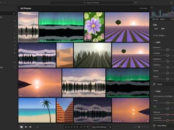 Photo library grid containing illustrated landscapes, flowers, and other artwork, with editing controls on the right.