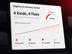 Stylized dashboard for sorting negative AI answers, with issue categories and a re-check timer.