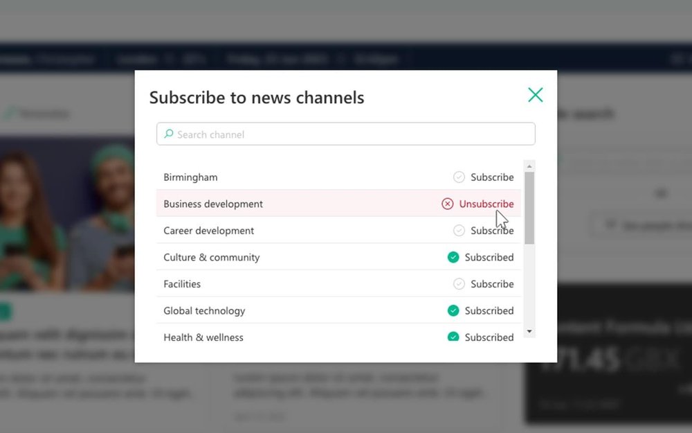 Modal titled “Subscribe to news channels” with a searchable list of channels and subscribe status controls.