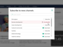 Modal titled “Subscribe to news channels” with a searchable list of channels and subscribe status controls.