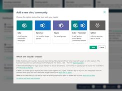 Modal titled “Add a new site / community” with options for Site, Yammer, Team, Site + Yammer, and Other.