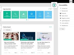 Intranet page with app-launcher tiles, a notice board, and an open accessibility settings panel.