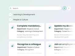 Searchable intranet content page with Learning & Development and People & Culture categories and task cards.