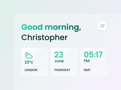 Intranet dashboard greeting Christopher with cards for London weather, date, and time.