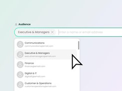 Audience-selection interface showing organizational groups, including Executive & Managers, Communications, Finance, and Digital & IT.