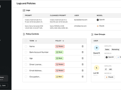 Policy and rule configuration by data category: mask, redact, warn, or block