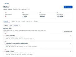 Site audit dashboard showing crawl totals and a list of broken-link problems.