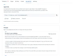 AI-use page with an agent link and prompts for fixing broken links in a codebase.