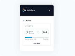 LinkedHub “Auto Sync” panel showing an Active connections status, 544 synced contacts, a progress bar, and a total of 844.