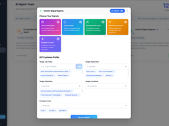 LinkedNav modal for configuring an Intents Signal Agent, with signal cards and customer-profile filters for job titles, seniorities, industries, locations, and company sizes.