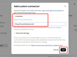 Claude Add custom connector dialog configured with the name LinkedNav and the URL https://mcp.linkednav.com.