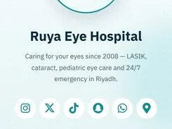 Mobile link-page interface for Ruya Eye Hospital with hospital logo, service description, social icons, booking card, and emergency call link.