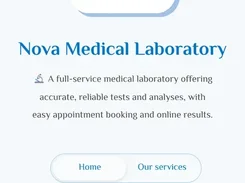 Mobile link-page interface for Nova Medical Laboratory with NovaLab logo, laboratory description, tab controls, and expandable action rows.