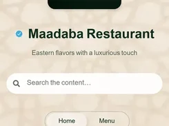 Mobile link-page interface for Maadaba Restaurant with restaurant logo, description, search field, tabs, WhatsApp contact card, and social-media row.