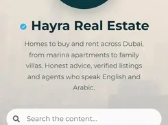Mobile link-page interface for Hayra Real Estate with logo, property-services description, search field, social links, WhatsApp chat button, and booking button.