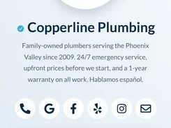 Mobile link-page interface for Copperline Plumbing with logo, business description, social icons, emergency call button, and a promotional card.