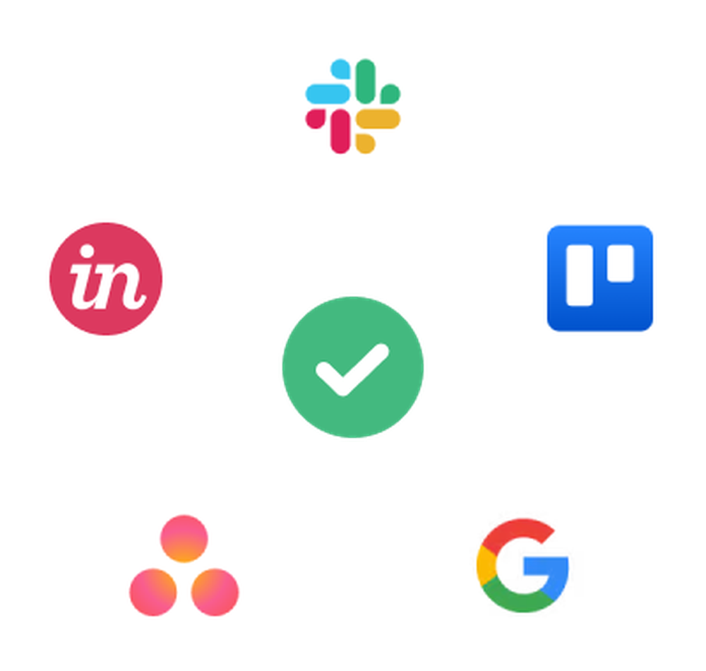LinkedIn, Slack, Trello, Asana, and Google logos are arranged around a central green check-mark icon.