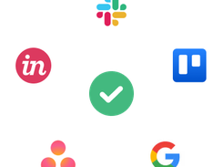 LinkedIn, Slack, Trello, Asana, and Google logos are arranged around a central green check-mark icon.