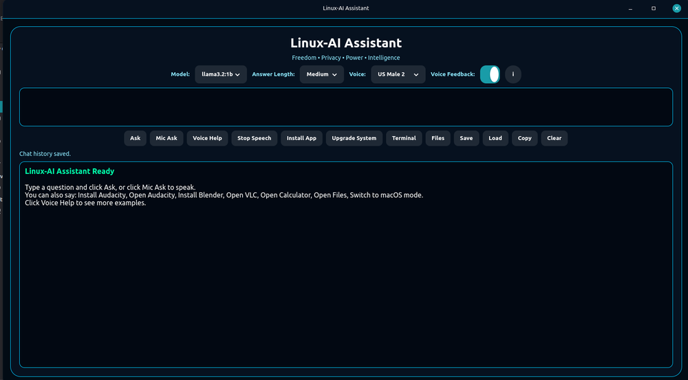 Linux-AI Assistant interface with model, response-length, voice controls, and system action buttons.