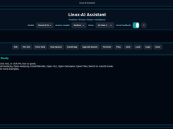 Linux-AI Assistant interface with model, response-length, voice controls, and system action buttons.