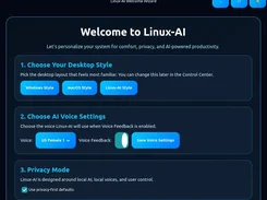 Linux-AI Welcome Wizard with desktop-style, AI voice, and privacy-mode setup options.
