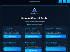Linux-AI Control Center with tiles for the assistant, welcome wizard, optimizer, app installer, and system settings.