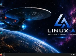 Linux-AI desktop with application shortcuts, bottom panel, and space-themed Linux-AI wallpaper.