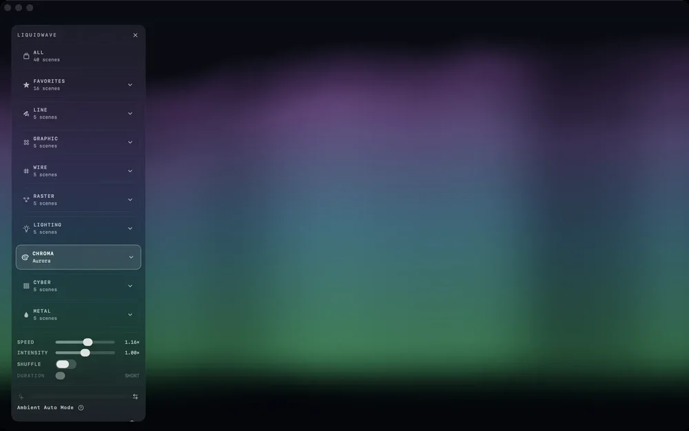 LIQUIDWAVE desktop interface with a left scene-category panel, speed and intensity sliders, and a blurred purple-to-green Aurora visual in the main area.