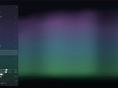 LIQUIDWAVE desktop interface with a left scene-category panel, speed and intensity sliders, and a blurred purple-to-green Aurora visual in the main area.