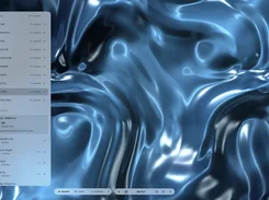 LIQUIDWAVE interface over a reflective blue liquid visual, showing scene categories, playlists, a music-inspired Mix Shuffle card, and bottom playback controls.