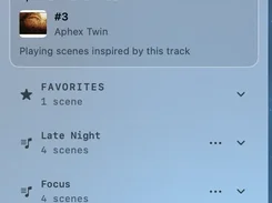 Close-up of the LIQUIDWAVE playlist panel showing Mix Shuffle, the track “#3” by Aphex Twin, Favorites, and playlists named Late Night, Focus, and Party.