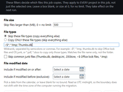 Liscaragh Migrate Filters dialog with file-size, file-type, and modified-date filtering fields.
