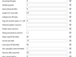 Liscaragh Migrate Settings and tuning screen with worker, thread, upload, download, buffer, and throttling settings.