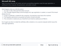 Liscaragh Migrate Microsoft 365 setup screen explaining sign-in, app registration, certificate, permissions, and admin-consent steps.