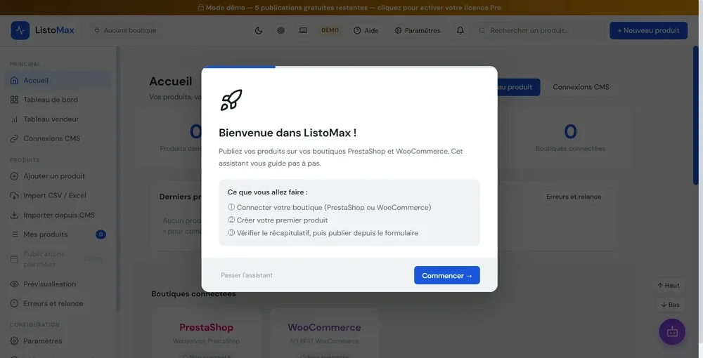 ListoMax dashboard with a welcome modal outlining steps to connect a PrestaShop or WooCommerce store and create a first product.