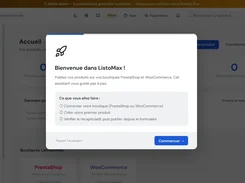 ListoMax dashboard with a welcome modal outlining steps to connect a PrestaShop or WooCommerce store and create a first product.