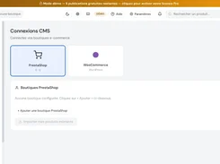 ListoMax CMS connections page with PrestaShop and WooCommerce platform cards and an option to add a PrestaShop store.