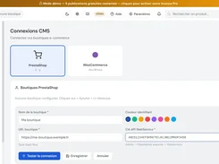 ListoMax PrestaShop connection form with store name, store URL, color selection, WebService API key field, and connection test button.