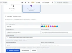 ListoMax WooCommerce connection form with site URL, consumer key and secret fields, WordPress username, and application-password field.