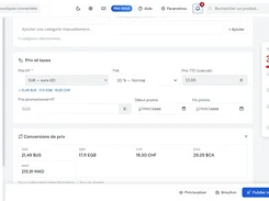 ListoMax product-entry pricing section with tax, promotional-price dates, and currency conversion values.